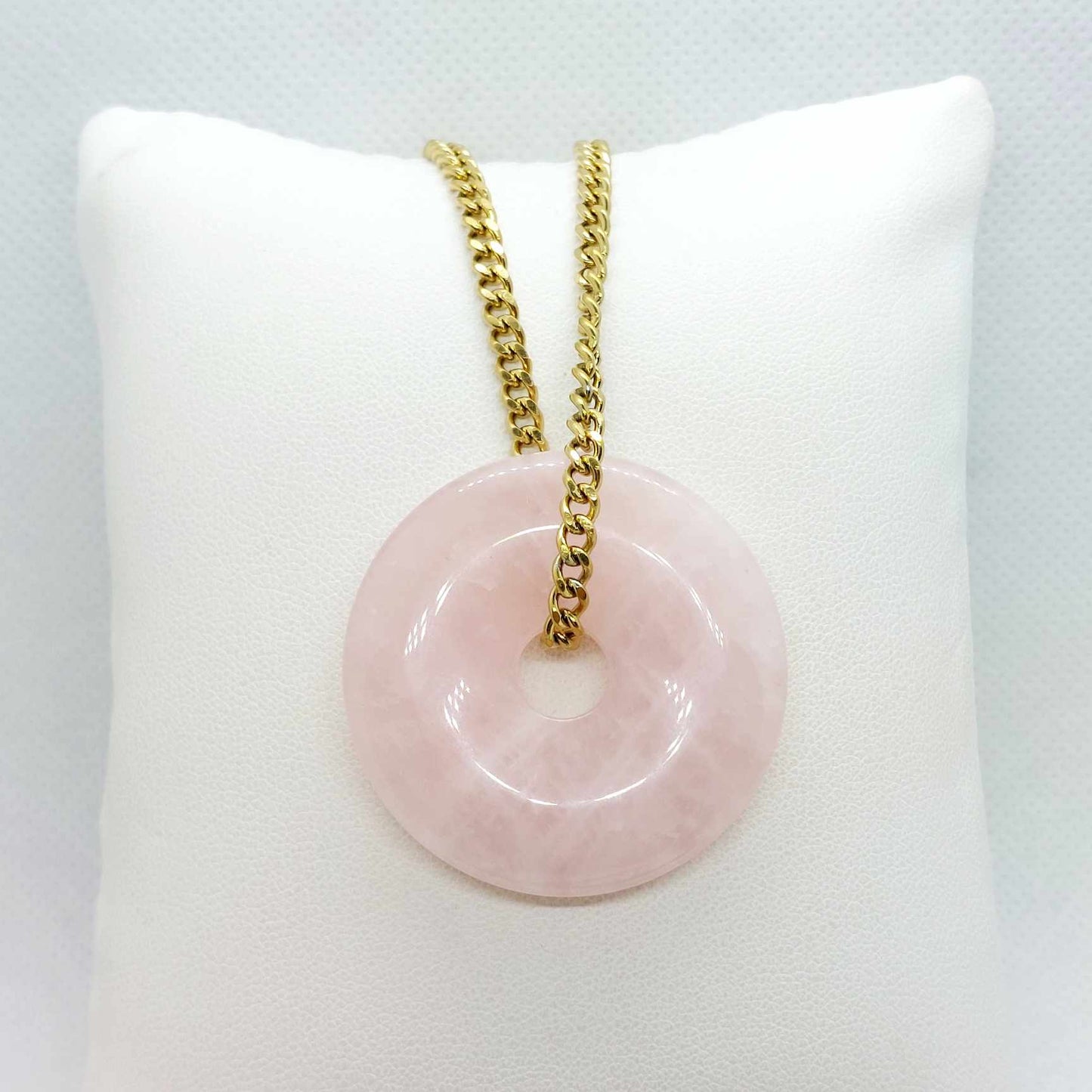 Natural Rose Quartz Donut Pendant with Stainless Steel Gold Plated Chain Necklace