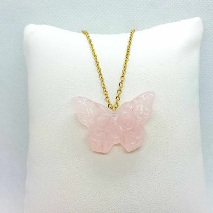 Natural Rose Quartz Skull Butterfly Pendant with Stainless Steel Gold Plated Chain Necklace