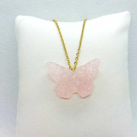 Natural Rose Quartz Skull Butterfly Pendant with Stainless Steel Gold Plated Chain Necklace