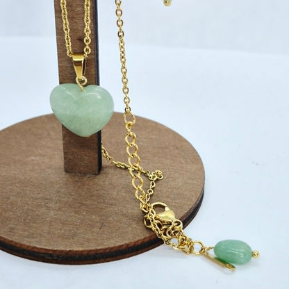 Natural Aventurine Heart Set in Gold Plated Stainless Steel Snake with Chain Necklace