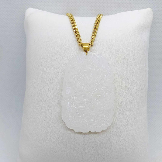 Natural White Hetian Jade Dragon Pendant with Gold Plated Stainless Steel Chain Necklace
