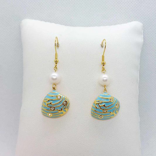 Natural Pearl Dangle Earrings with Enamel Pearl in Gold Plated Stainless Steel