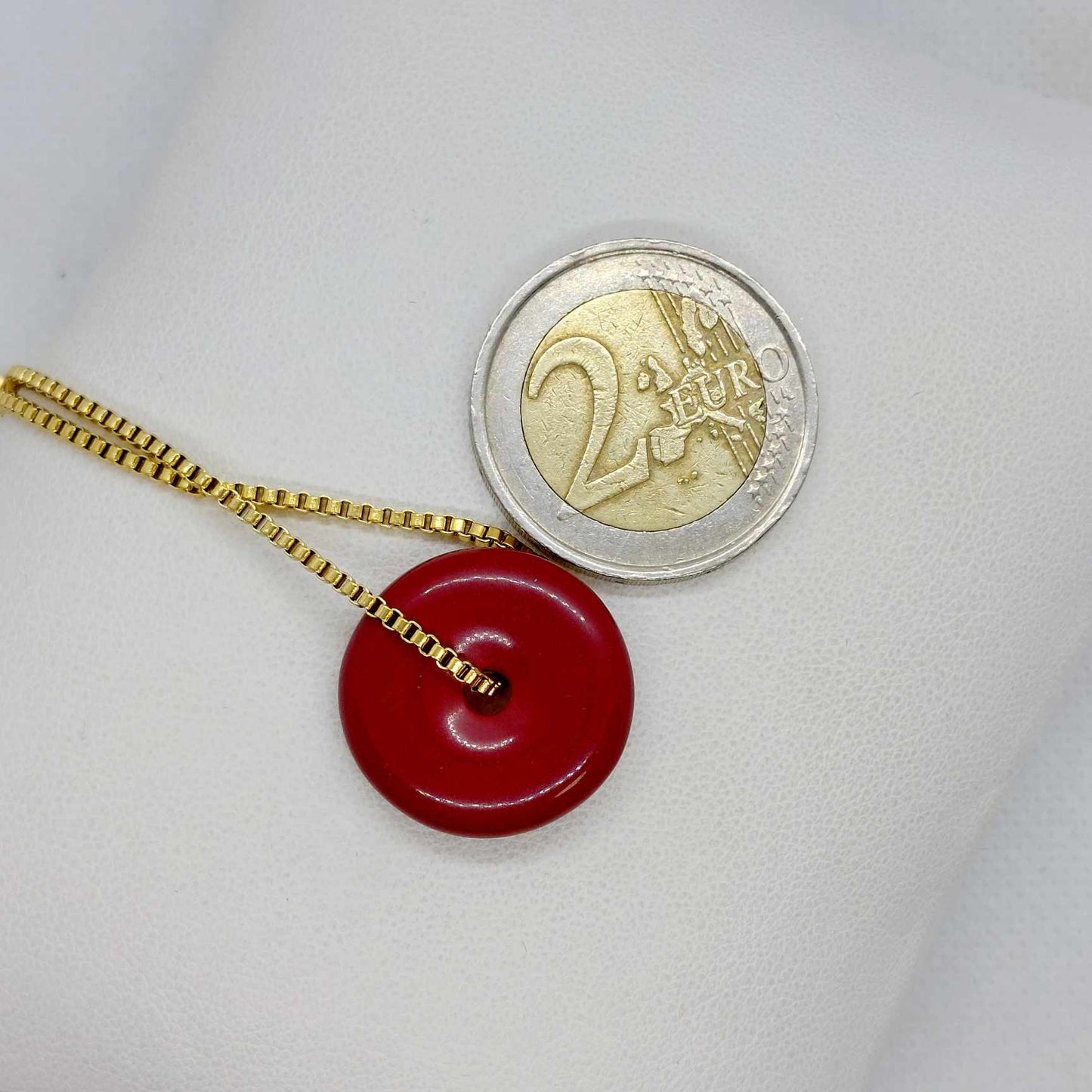 Synthetic Vermilion Cinnabar Donut Pendant with Stainless Steel Necklace