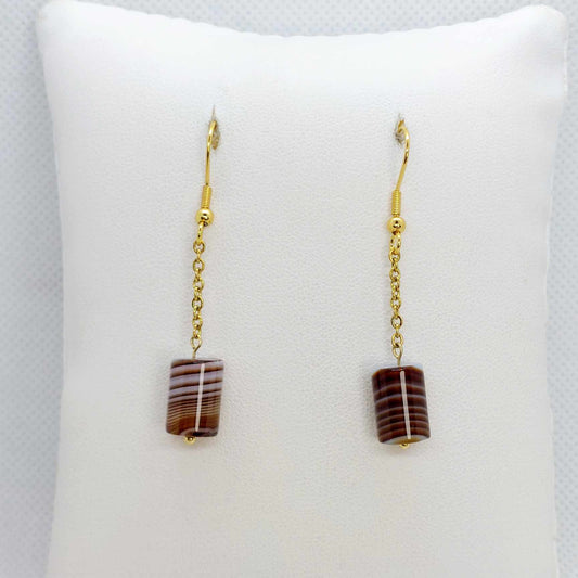 Natural Tibetan Bamboo Banded Agate Earrings Gold Plated Stainless Steel