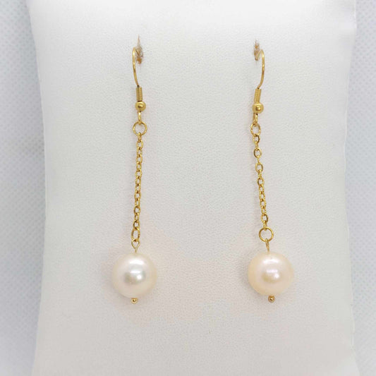 Natural Pink Freshwater Pearl Dangle Earrings in Gold Plated Stainless Steel