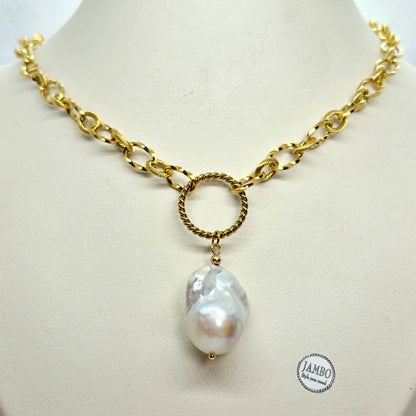 Natural Baroque Pearl Pendant with Gold Plated Stainless Steel Chain Necklace