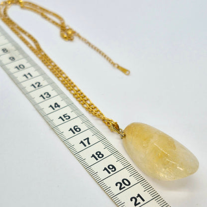 Natural Citrine Rutilated Quartz Pendant with Gold Plated Stainless Steel Chain Necklace