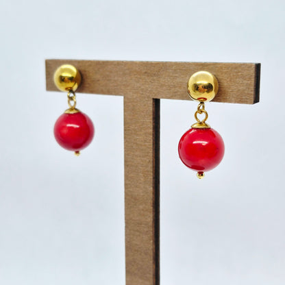 Natural Coral Dyed Red Set in 12mm Stones and Gold Plated Stainless Steel with Chain Necklace