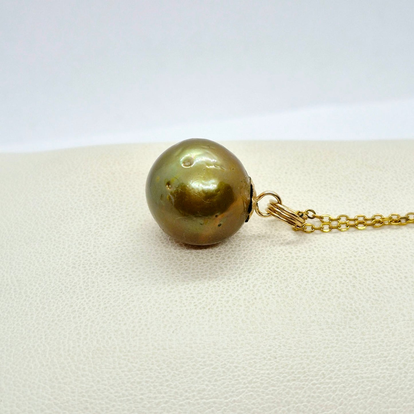 Natural Green South Sea Pearl Earrings and Pendant Set with 14-16mm Stones in Solid 14K Gold