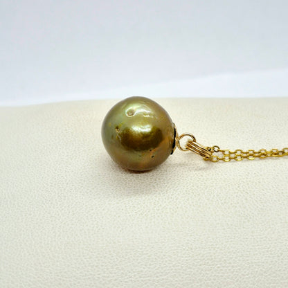 Natural Green South Sea Pearl Earrings and Pendant Set with 14-16mm Stones in Solid 14K Gold