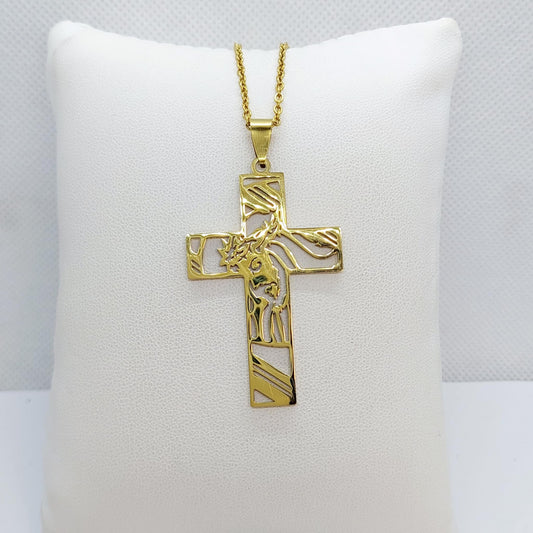 Cross with Jesus  in Stainless Steel Gold Plated Chain Necklace