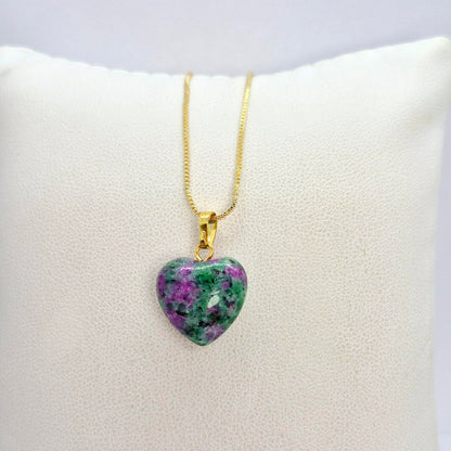 Natural Stone Mini Hearts in Amethyst, White Crystal, Ruby Stone, Blue Angelite, Striped Agate and Rose Quartz with Stainless Steel Chain Necklace