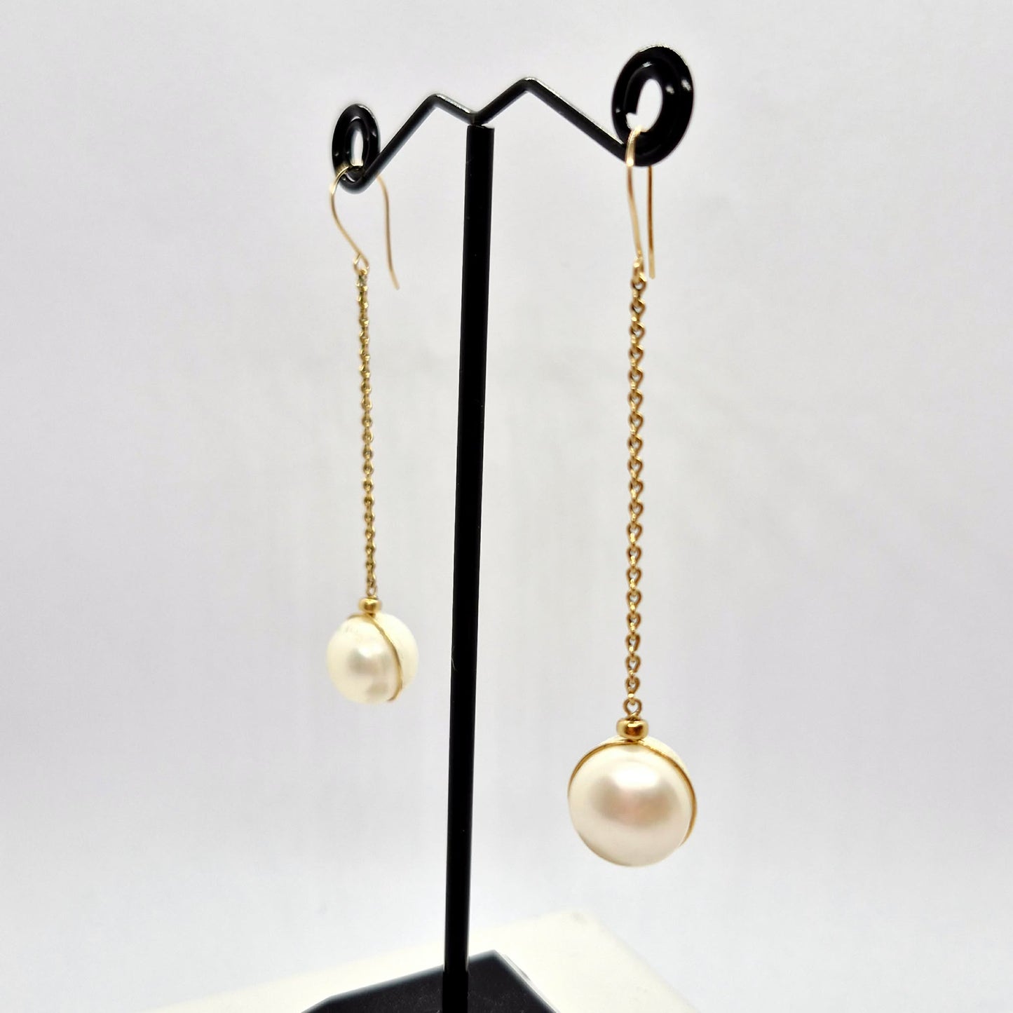 Natural 12mm Pearl Hook Dangle Earrings in Solid 10K Gold