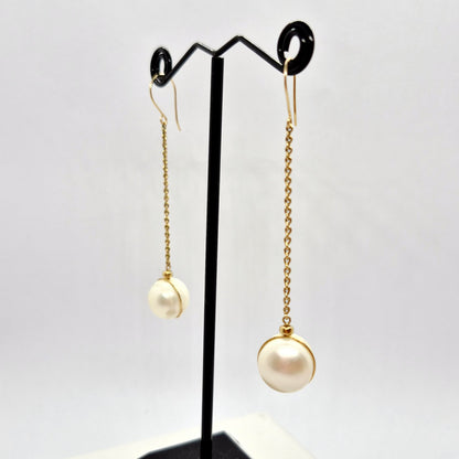 Natural 12mm Pearl Hook Dangle Earrings in Solid 10K Gold