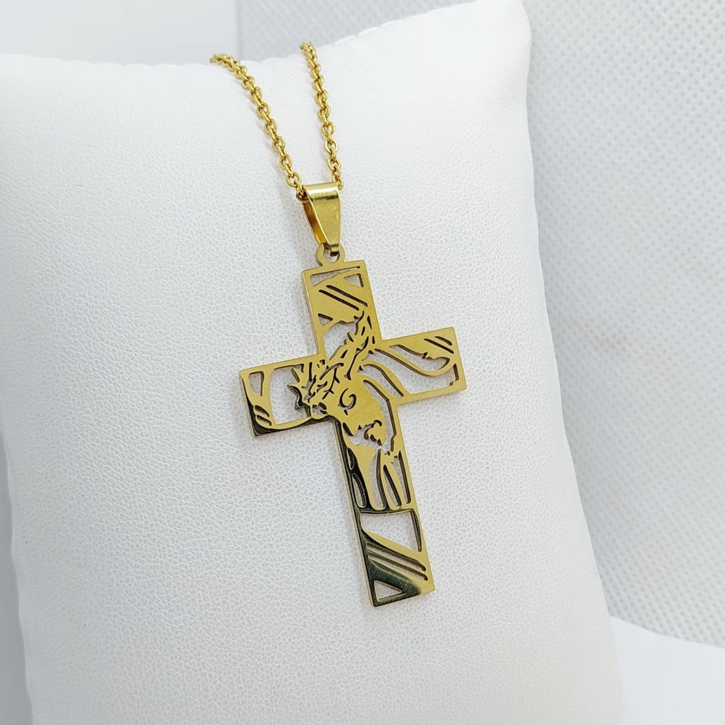 Cross with Jesus  in Stainless Steel Gold Plated Chain Necklace