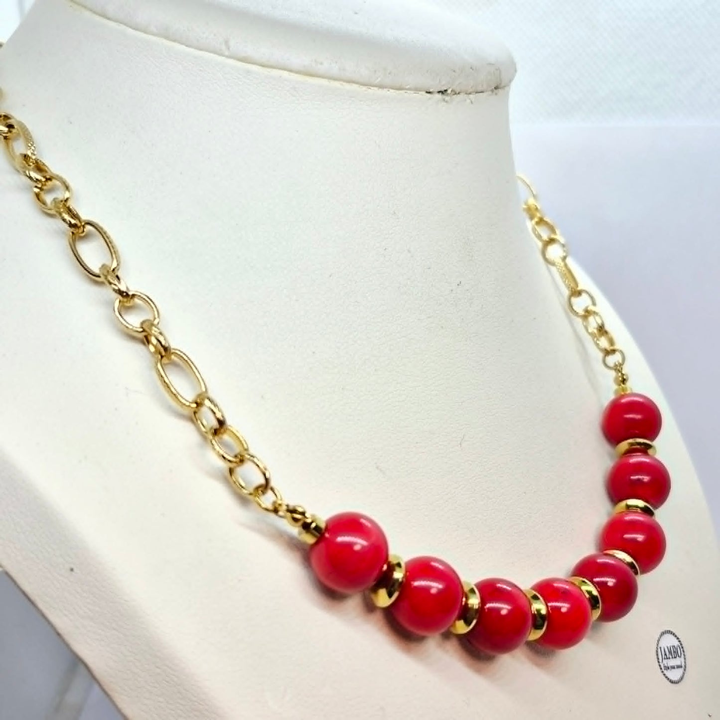 Natural Coral Dyed Red Set in 12mm Stones and Gold Plated Stainless Steel with Chain Necklace