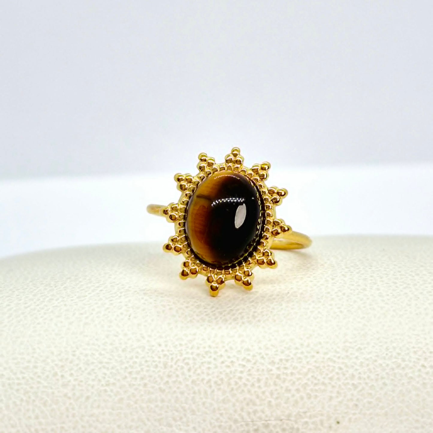 Natural Stone Ring in Gold Plated Stainless Steel Resizeable, Tiger Eye, Rose Quartz, Yellow Jade and  Aventurine