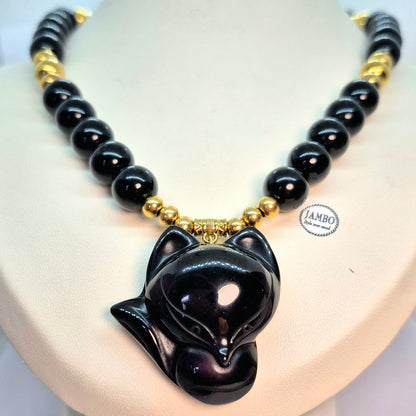 Natural Obsidian Necklace Choker in 12mm Stones with Obsidian Nine Tailed Fox Pendant