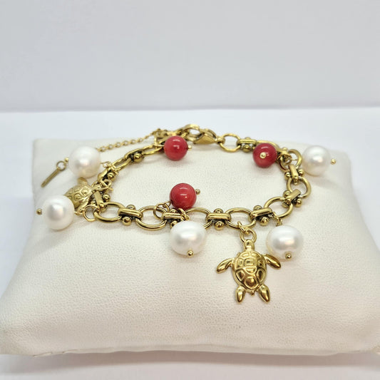Natural Stone Bracelet with Pearls and Red Coral in 6-11mm Stones