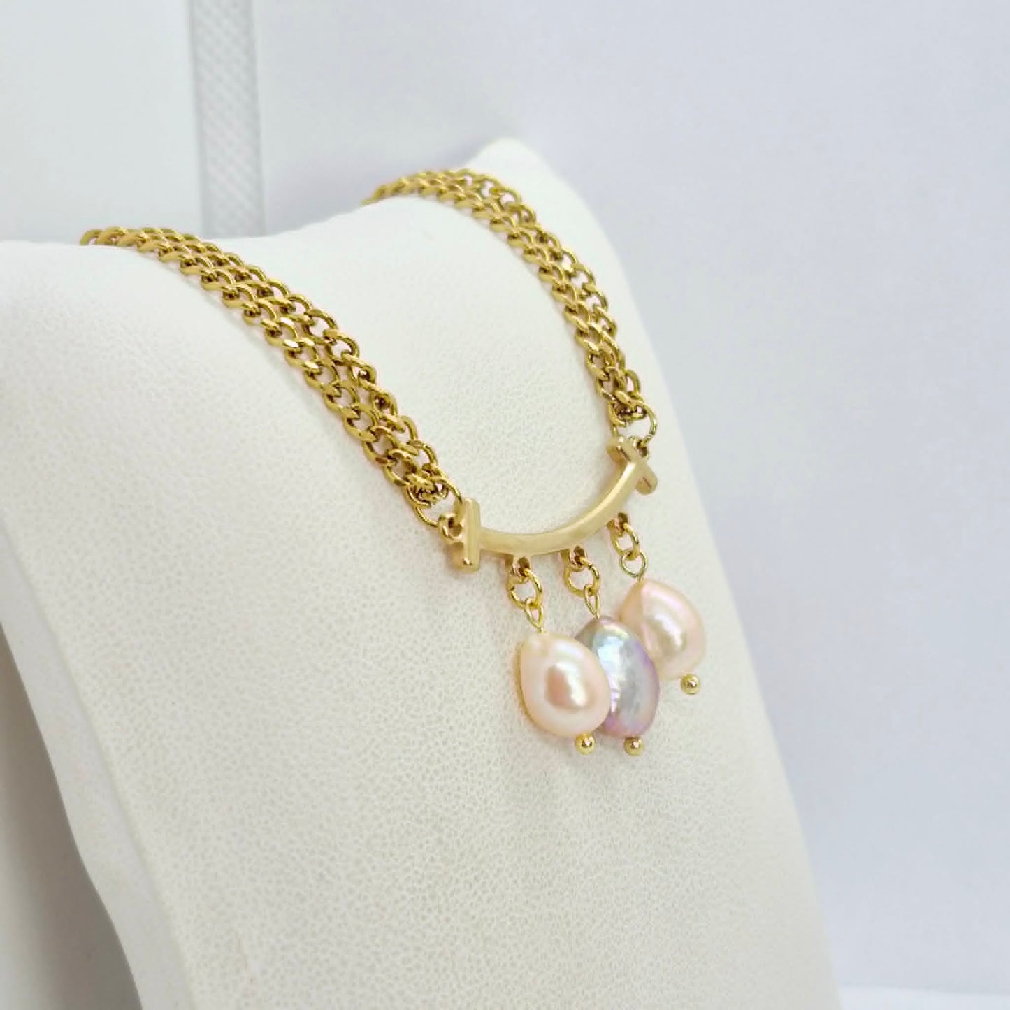 Natural Irregular Pearl Pendant with Gold Plated Stainless Steel Double Chain Necklace