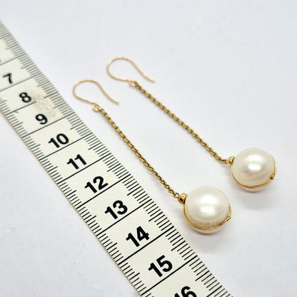 Natural 12mm Pearl Hook Dangle Earrings in Solid 10K Gold