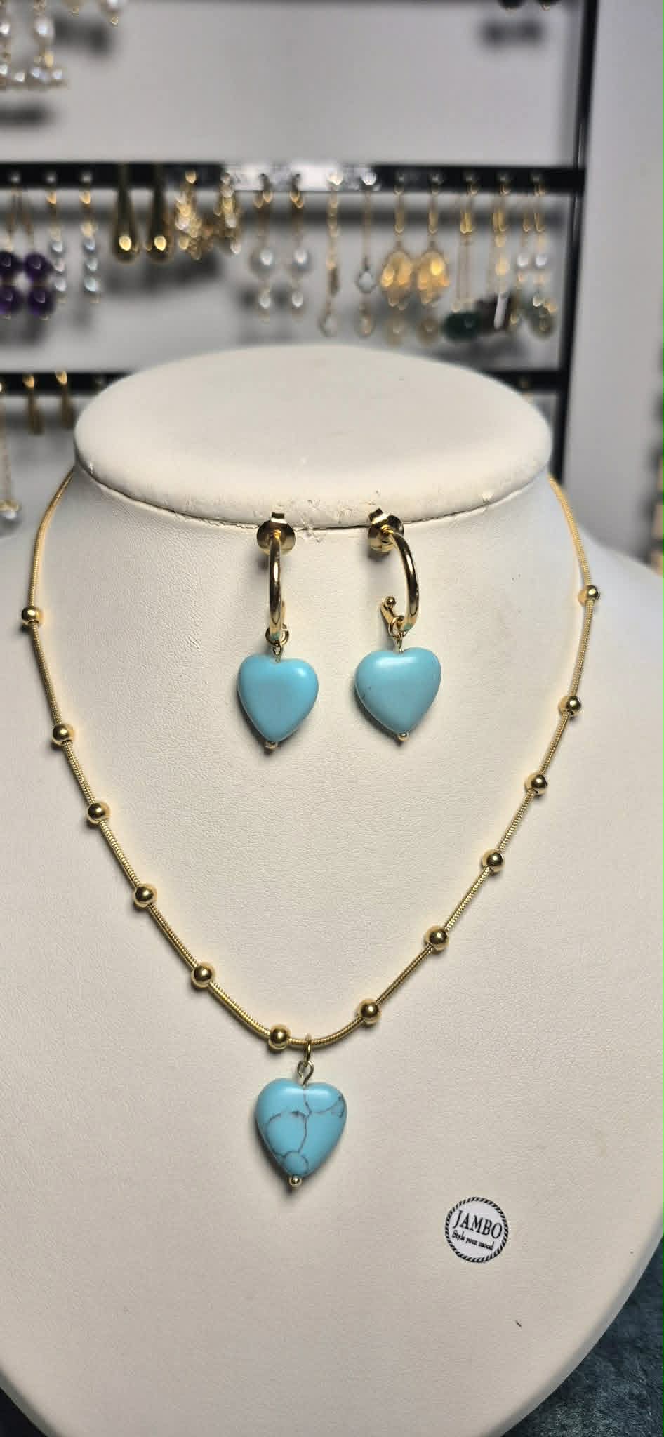 Natural Turquoise Heart Pendant with Gold Plated Stainless Steel Chain Necklace