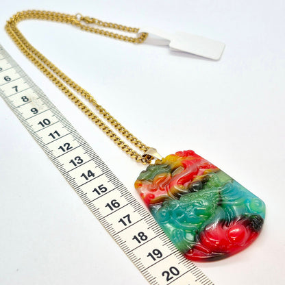 Natural Multi Colored Hetian Jade Dragon Pendant with Stainless Steel Gold Plated Chain Necklace