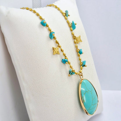 Natural Turquoise Pendant with Gold Plated Stainless Steel Chain Necklace