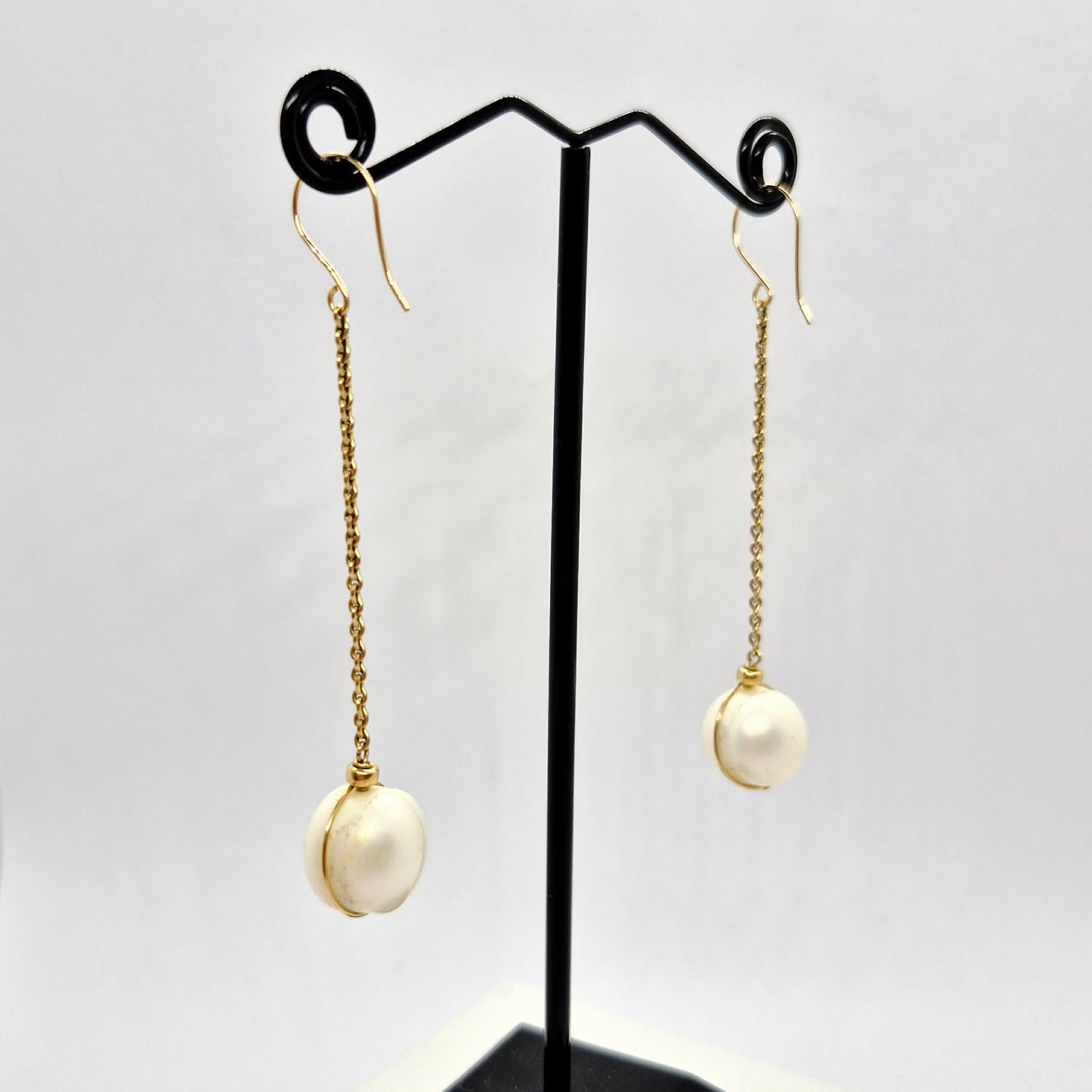 Natural 12mm Pearl Hook Dangle Earrings in Solid 10K Gold