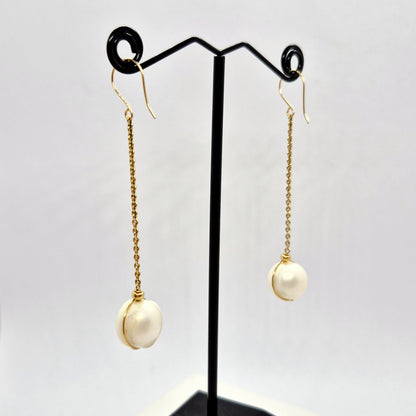 Natural 12mm Pearl Hook Dangle Earrings in Solid 10K Gold