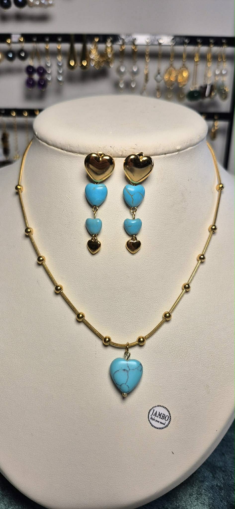 Natural Turquoise Heart Pendant with Gold Plated Stainless Steel Chain Necklace