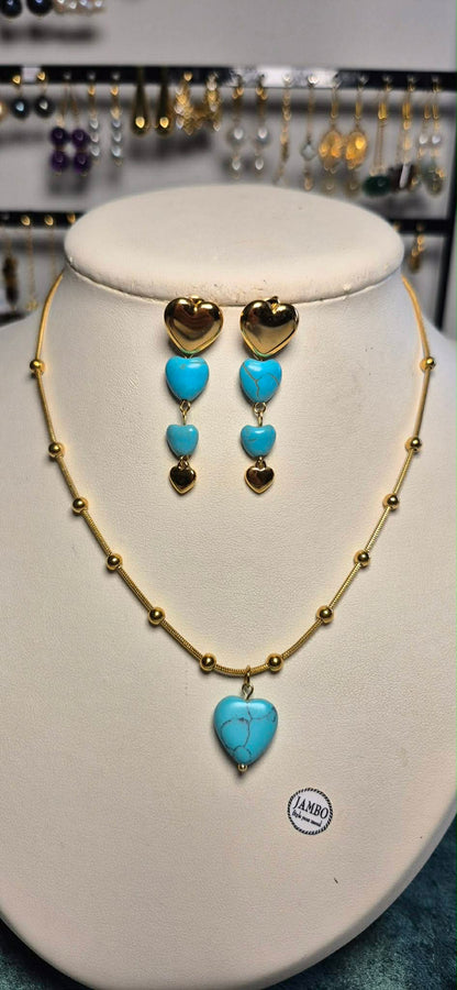 Natural Turquoise Heart Pendant with Gold Plated Stainless Steel Chain Necklace