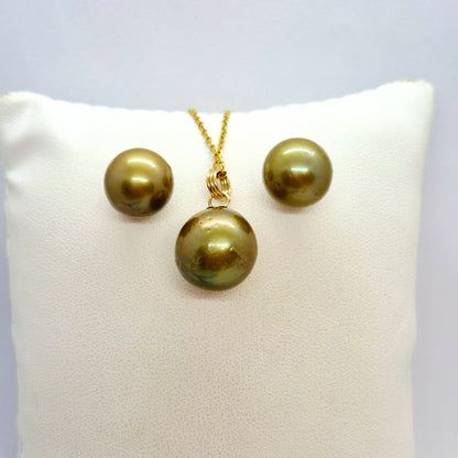 Natural Green South Sea Pearl Earrings and Pendant Set with 14-16mm Stones in Solid 14K Gold