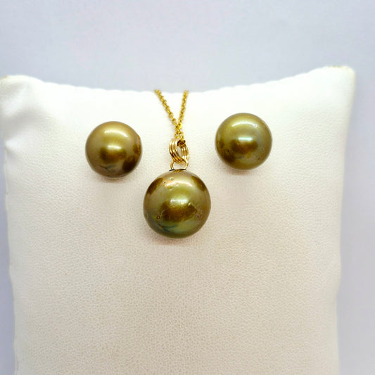 Natural Green South Sea Pearl Earrings and Pendant Set with 14-16mm Stones in Solid 14K Gold