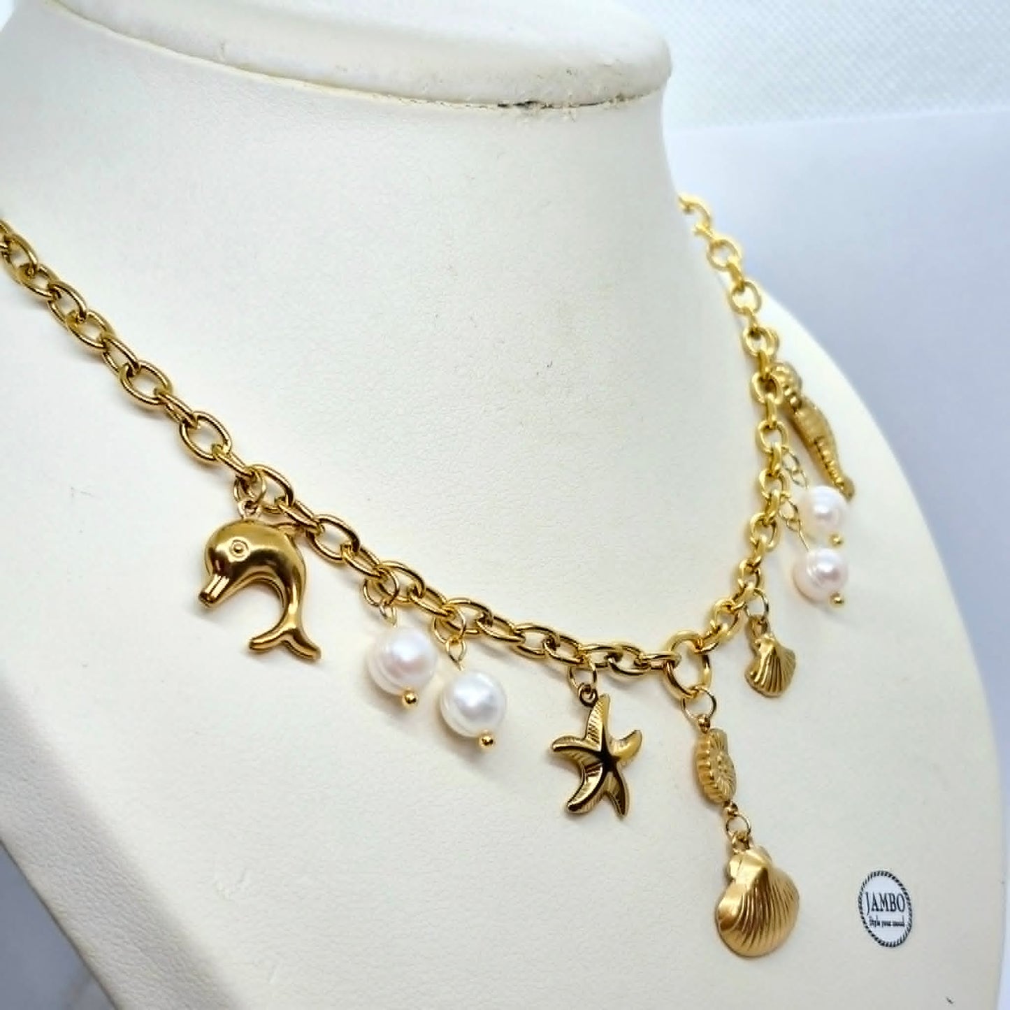 Sea Themed Necklace with Natural Pearls in Stainless Steel Gold Plating