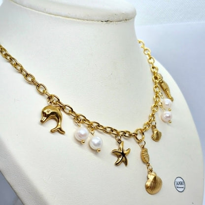 Sea Themed Necklace with Natural Pearls in Stainless Steel Gold Plating