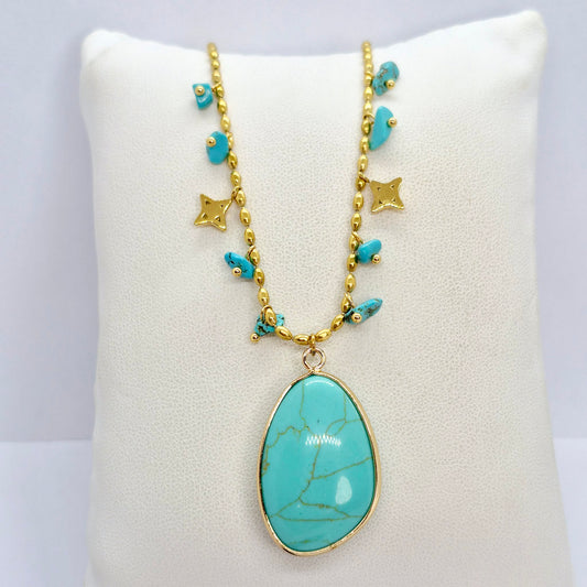 Natural Turquoise Pendant with Gold Plated Stainless Steel Chain Necklace