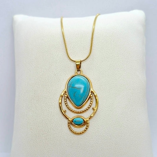 Natural Turquoise Pendant with Gold Plated Stainless Steel Chain Necklace