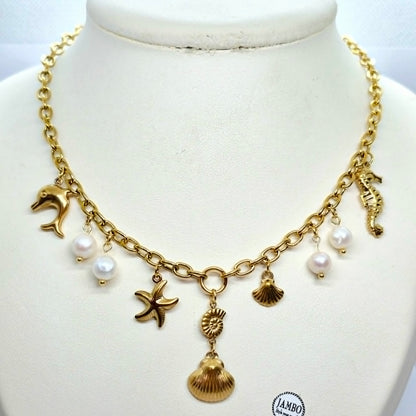 Sea Themed Necklace with Natural Pearls in Stainless Steel Gold Plating