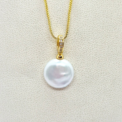 Natural Button Pearl Pendant Necklace in Gold Platted Sterling Silver