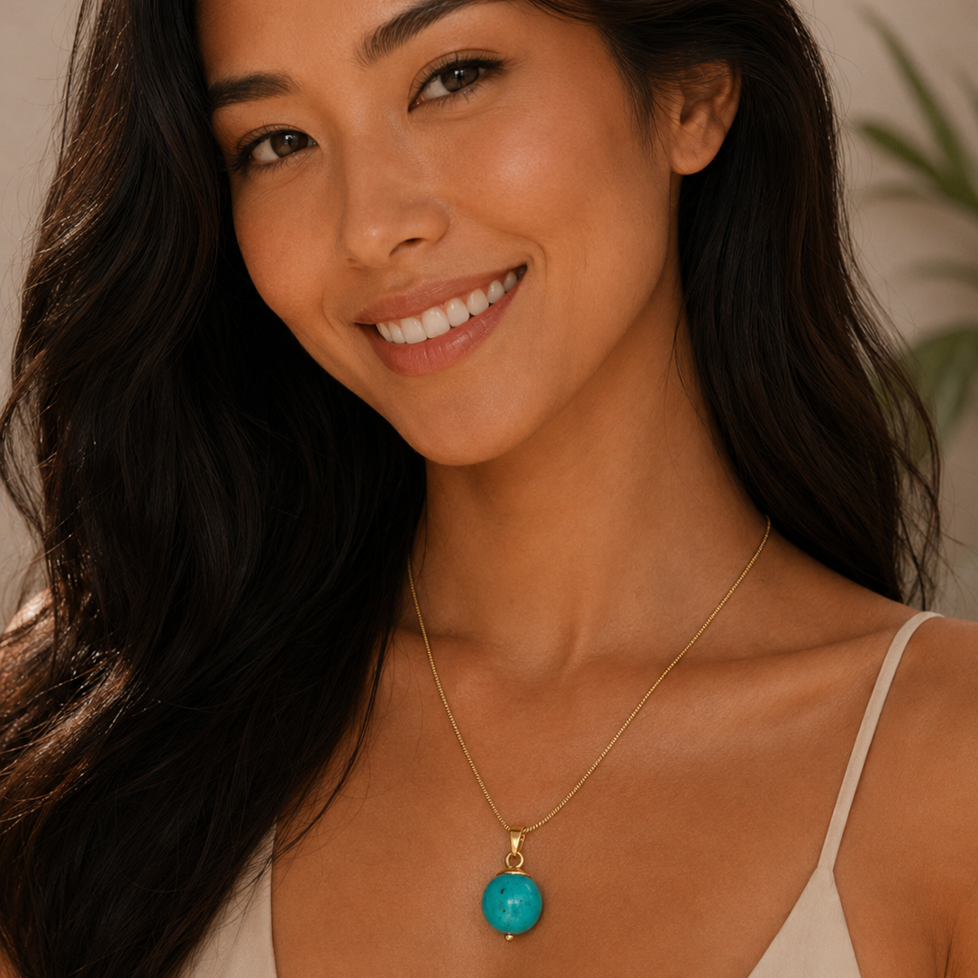 Natural Turquoise 12mm Stone Pendant with Gold Plated Stainless Steel Snake Chain Necklace