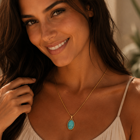Natural Turquoise Pendant with Gold Plated Stainless Steel Chain Necklace