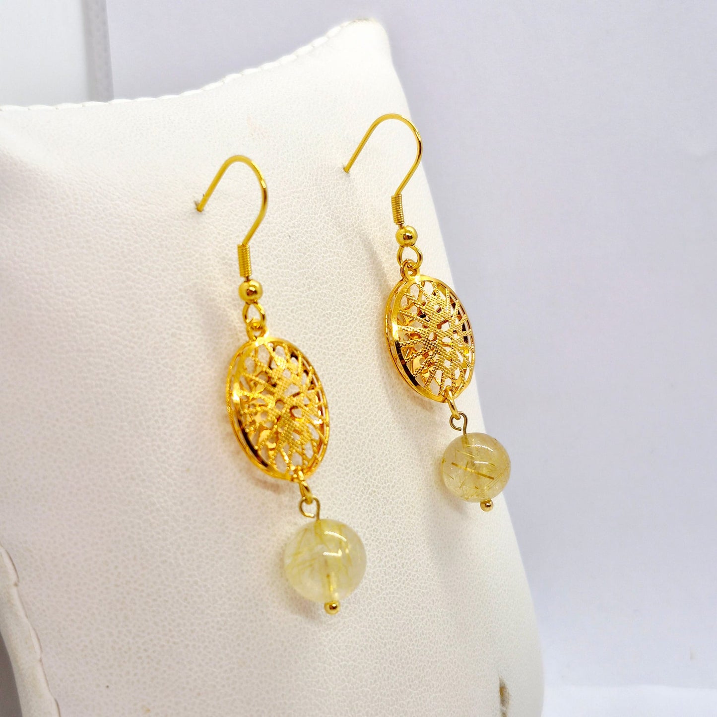 Natural Rutilated Golden Quartz Dangle Earrings in Gold Plated Stainless Steel