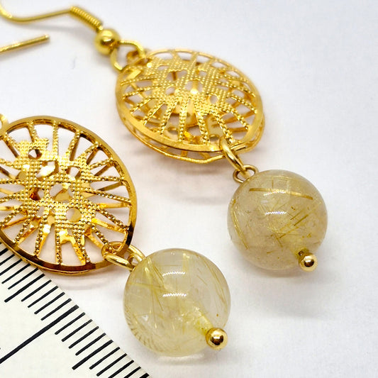 Natural Rutilated Golden Quartz Dangle Earrings in Gold Plated Stainless Steel