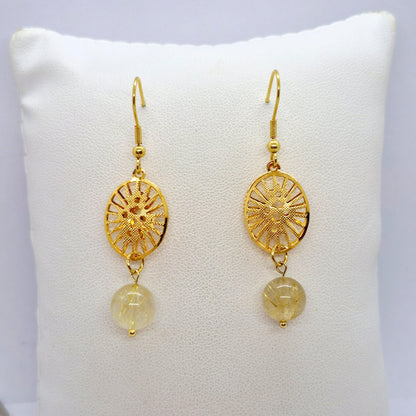 Natural Rutilated Golden Quartz Dangle Earrings in Gold Plated Stainless Steel