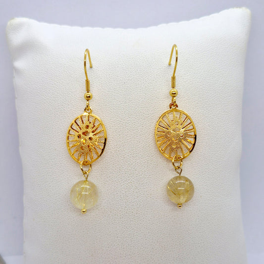 Natural Rutilated Golden Quartz Dangle Earrings in Gold Plated Stainless Steel