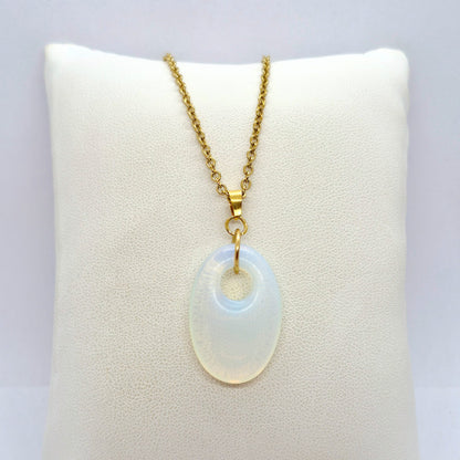 Natural Stone Pendant in Obsidian, Opal or Lapis with Stainless Steel Gold Plated Chain Necklace