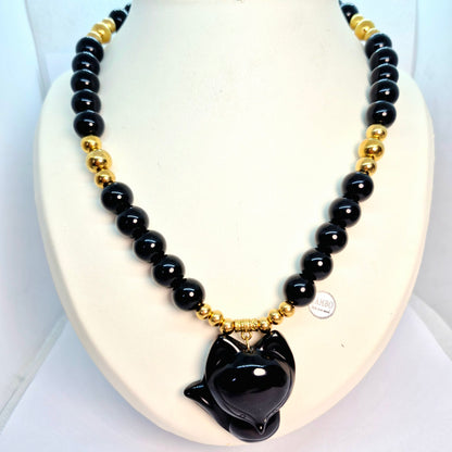 Natural Obsidian Necklace Choker in 12mm Stones with Obsidian Nine Tailed Fox Pendant