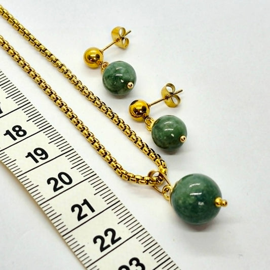 Natural Burmese Jade Set in Gold Plated Stainless Steel