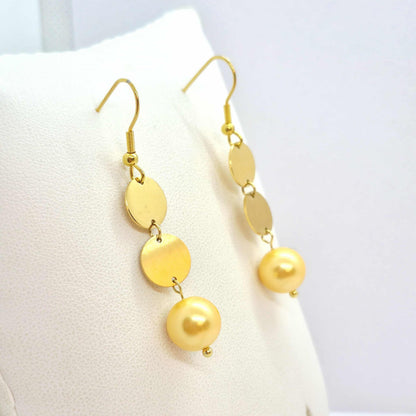 Stainless Steel Gold Plated Dangle Earrings with Shell Pearl